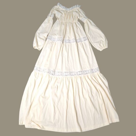 Vintage Yellow Lace Off Shoulder Nylon Full Length Nightgown Negligee Maxi Dress - Picture 1 of 8